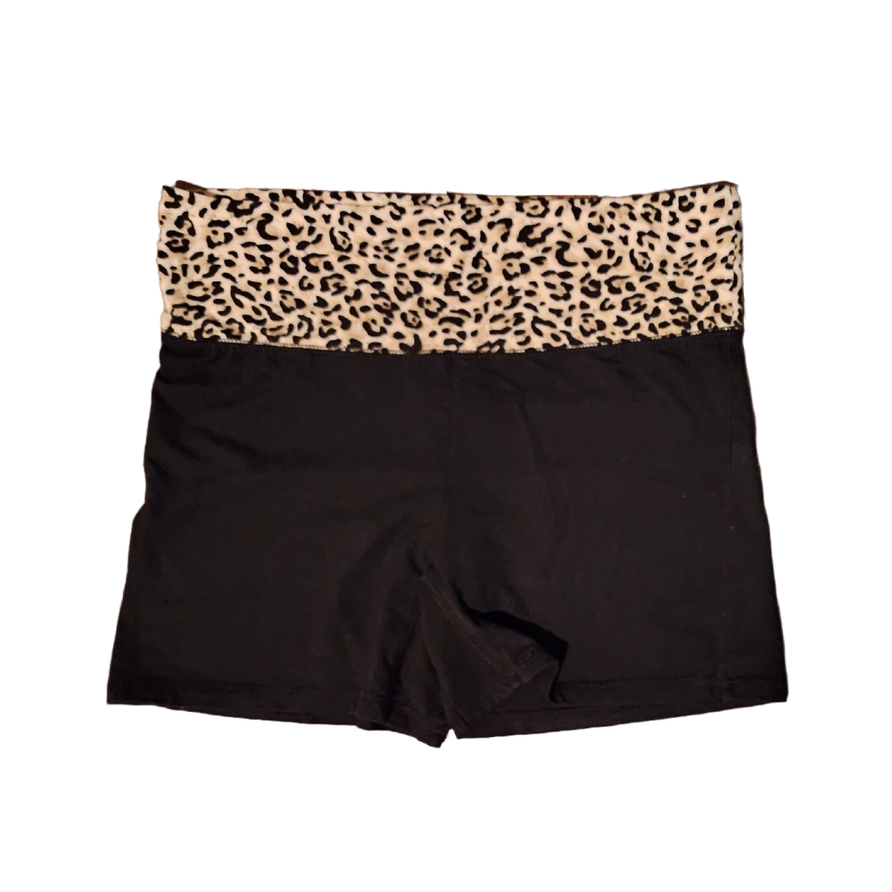 Color Thread Foldover Yoga Athletic Bike Shorts Black Animal Cheetah Large